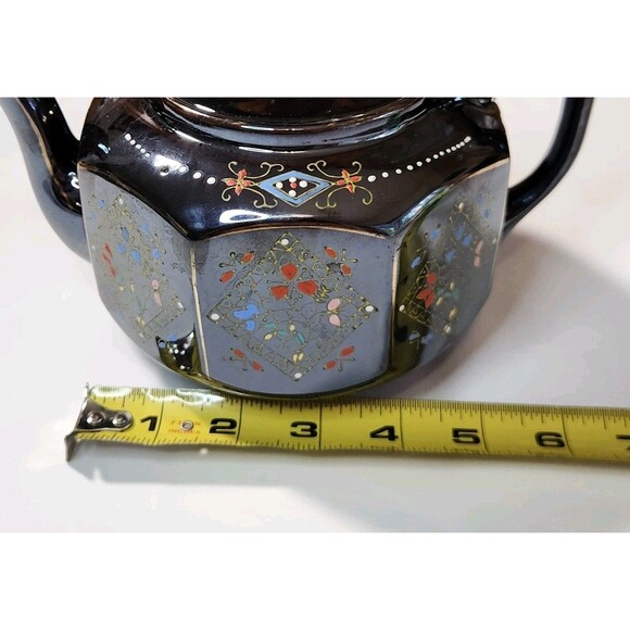 Vintage Japanese Teapot Brown Glazed Gold Trim Hand Painted 8 Sided Ceramic - Picture 9 of 16